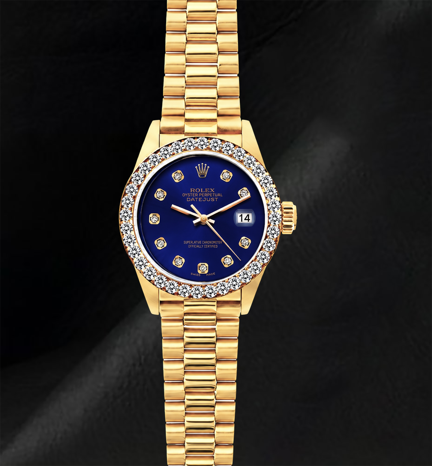 Rolex Datejust 69178 Blaues Diamantzifferblatt 26 mm President-Armband 18 Karat Gold Uhr