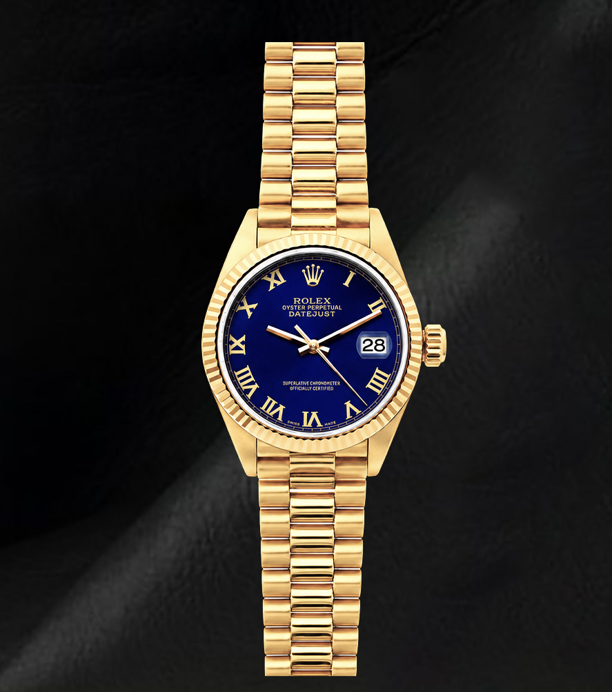 Rolex Datejust 69178 18 Karat Gelbgold Uhr Blaues Zifferblatt mit römischen Ziffern President-Armband