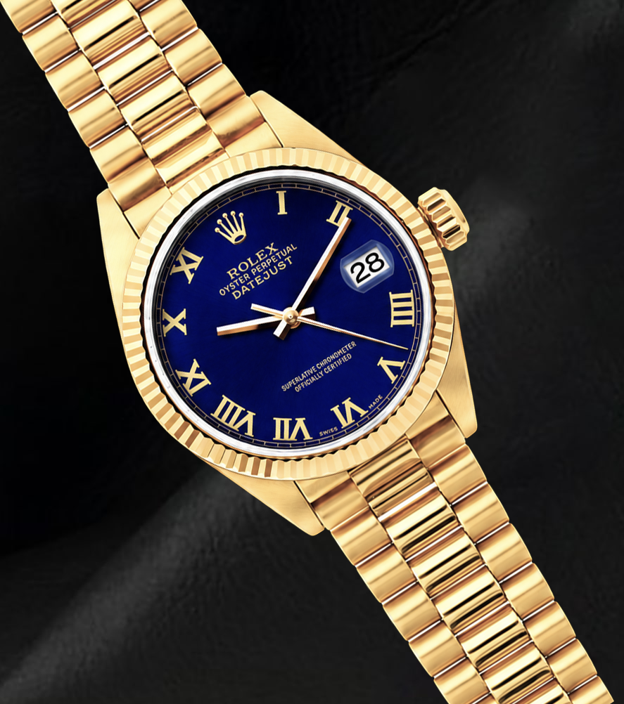 Rolex Datejust 69178 18 Karat Gelbgold Uhr Blaues Zifferblatt mit römischen Ziffern President-Armband