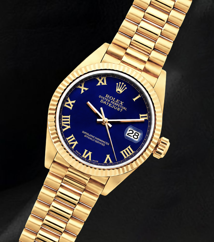 Rolex Datejust 69178 18 Karat Gelbgold Uhr Blaues Zifferblatt mit römischen Ziffern President-Armband