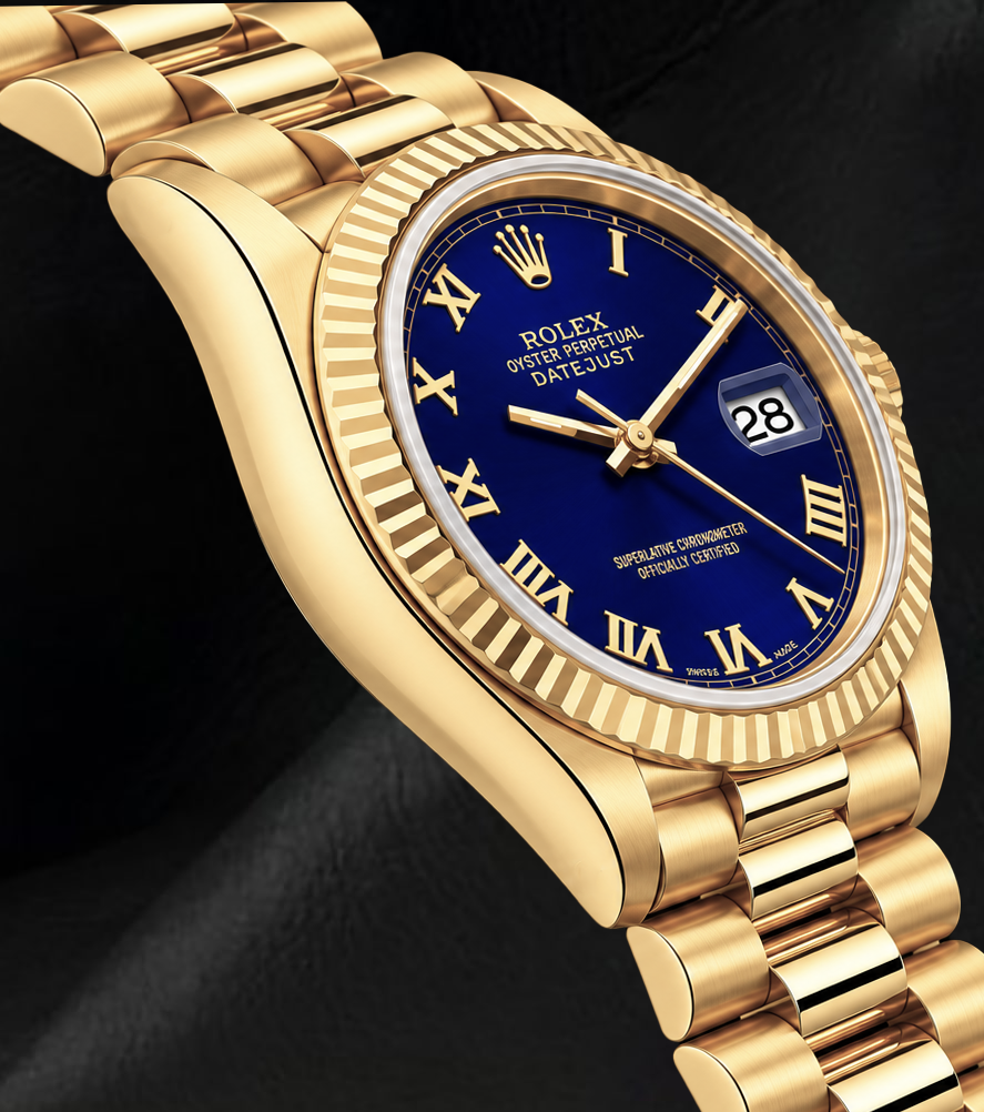 Rolex Datejust 69178 18 Karat Gelbgold Uhr Blaues Zifferblatt mit römischen Ziffern President-Armband