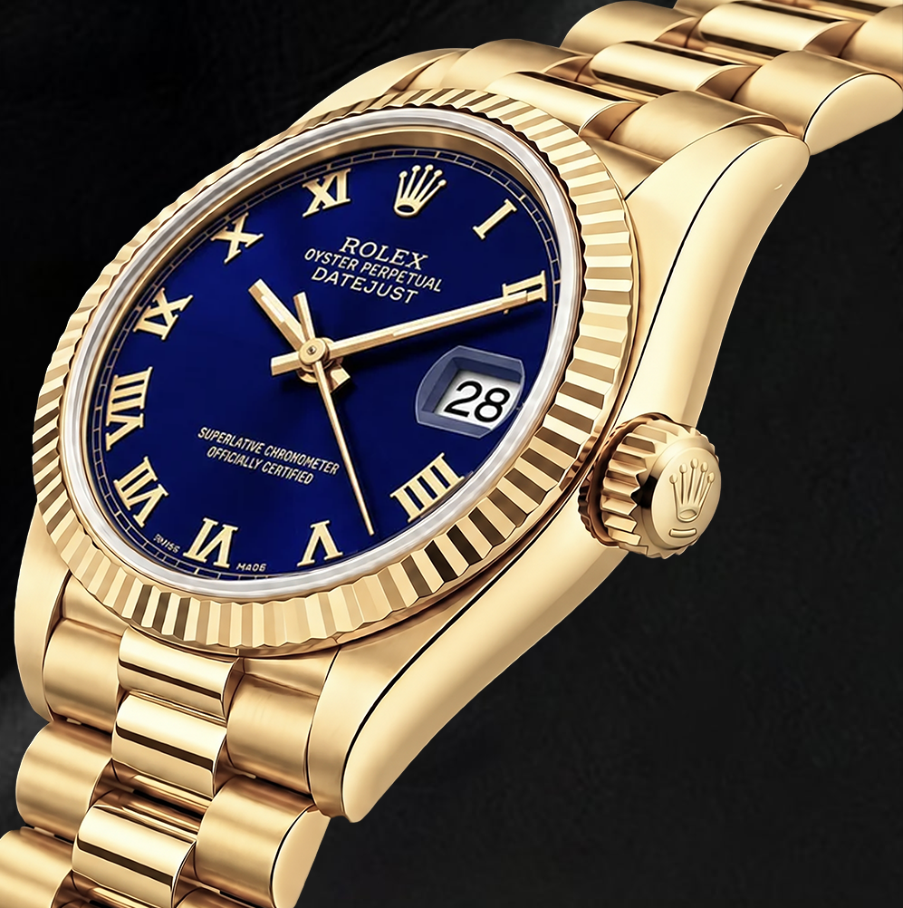Rolex Datejust 69178 18 Karat Gelbgold Uhr Blaues Zifferblatt mit römischen Ziffern President-Armband