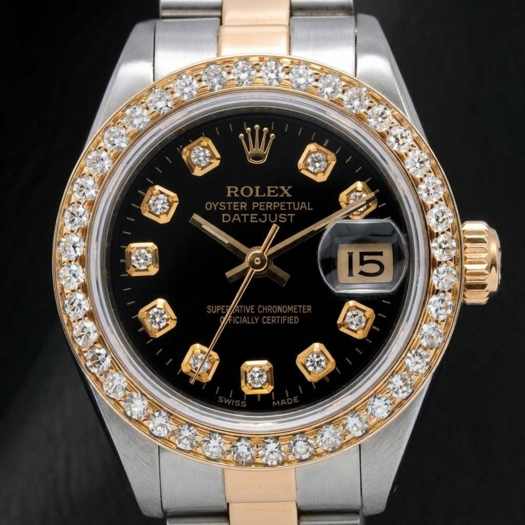 Rolex Datejust 6917 26 mm Bicolor-Uhr mit schwarzem Diamantzifferblatt