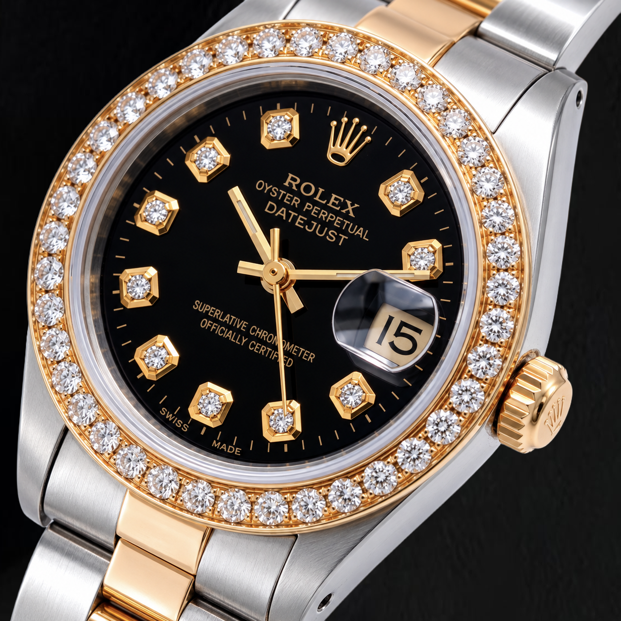 Rolex Datejust 6917 26 mm Bicolor-Uhr mit schwarzem Diamantzifferblatt