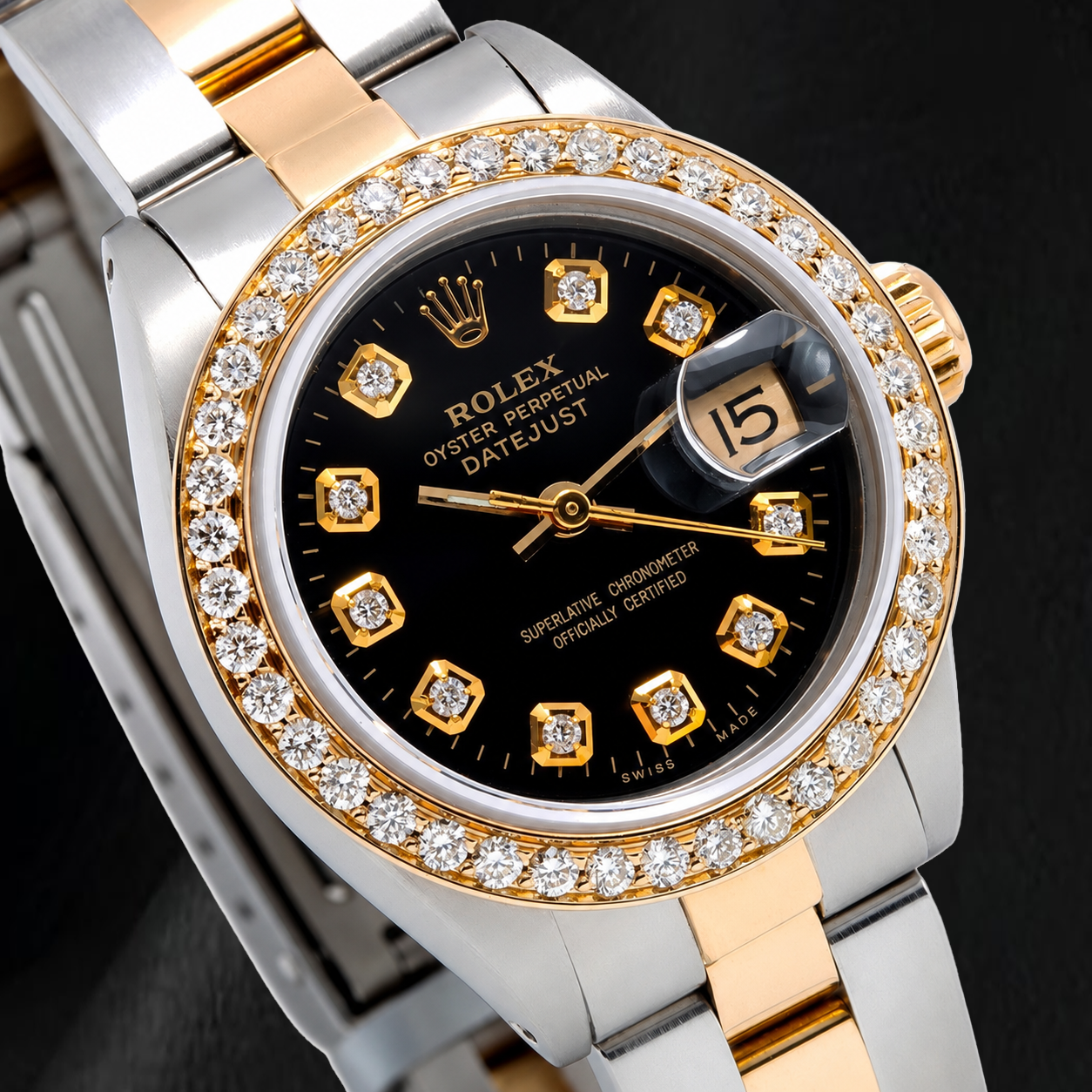 Rolex Datejust 6917 26 mm Bicolor-Uhr mit schwarzem Diamantzifferblatt