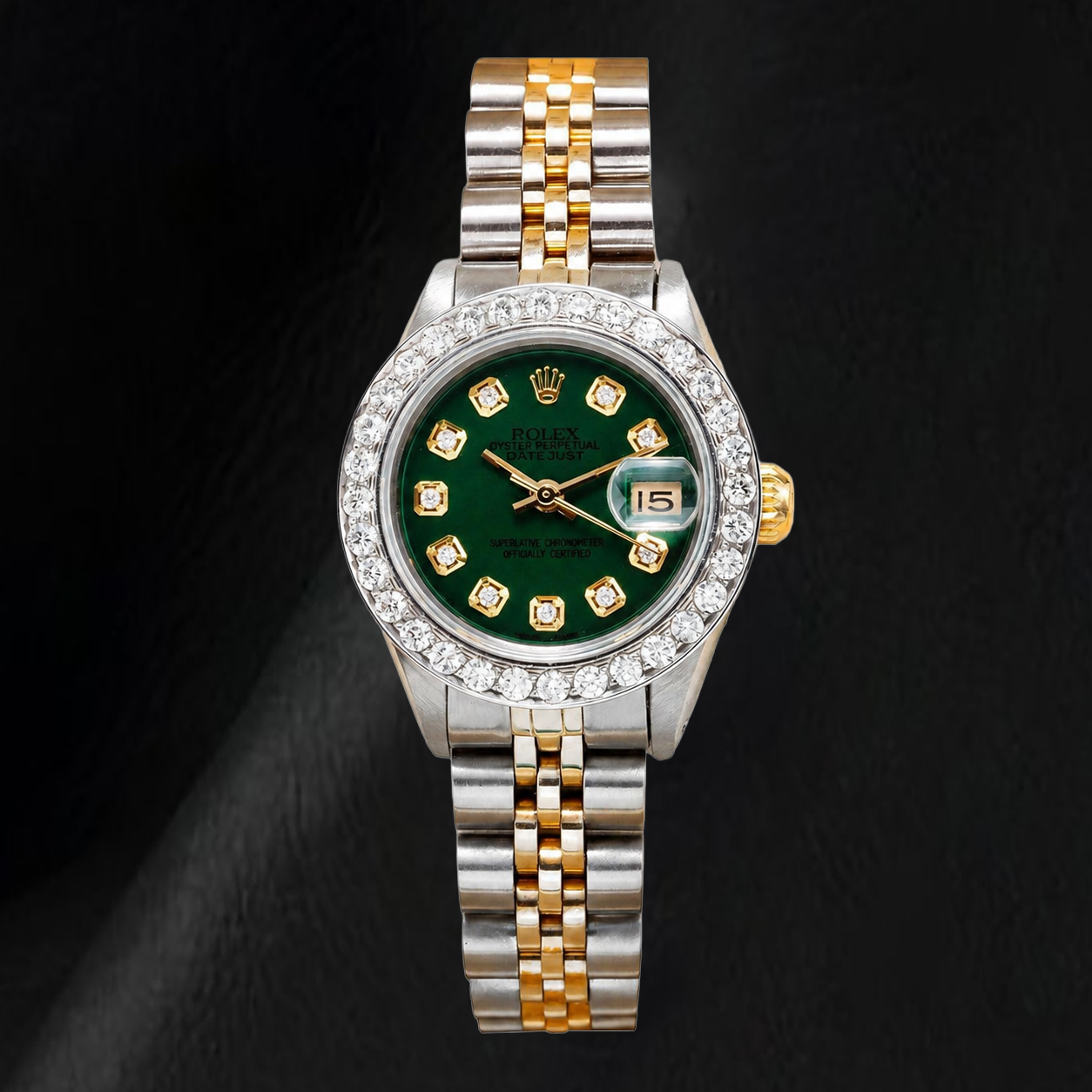 Rolex Datejust 6917 26 mm Bicolor-Uhr aus Edelstahl mit grünem Diamantzifferblatt und Diamantlünette