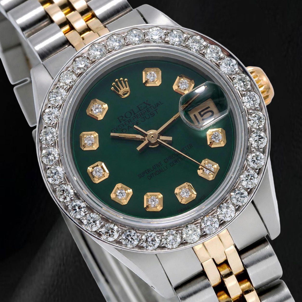 Rolex Datejust 6917 26 mm Bicolor-Uhr aus Edelstahl mit grünem Diamantzifferblatt und Diamantlünette