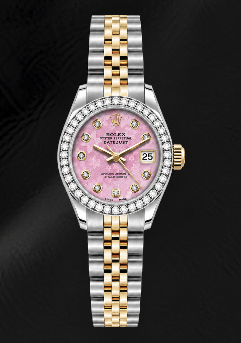 Rolex Datejust 6917 26 mm Bicolor Uhr mit rosa floralem Diamantzifferblatt
