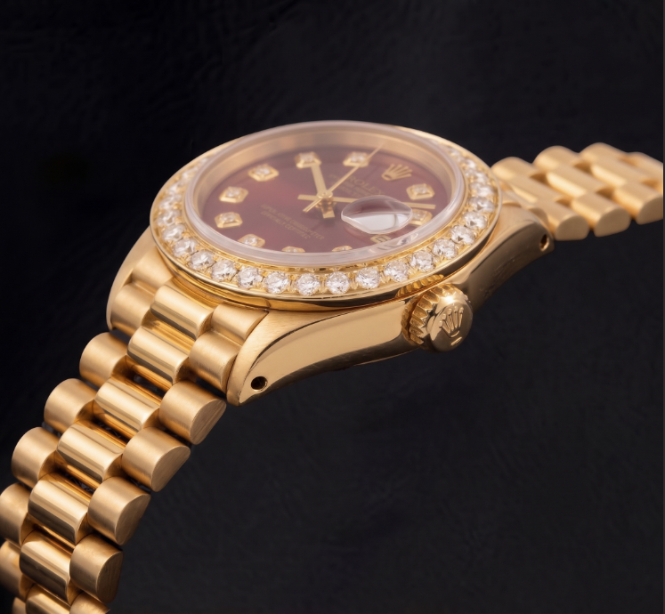 Rolex Datejust 6917 26 mm Armbanduhr aus Gelbgold mit rotem Diamantzifferblatt und President-Armband