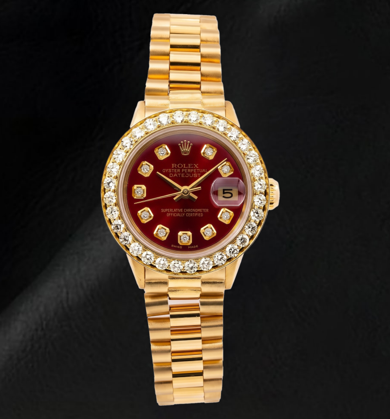 Rolex Datejust 6917 26 mm Armbanduhr aus Gelbgold mit rotem Diamantzifferblatt und President-Armband
