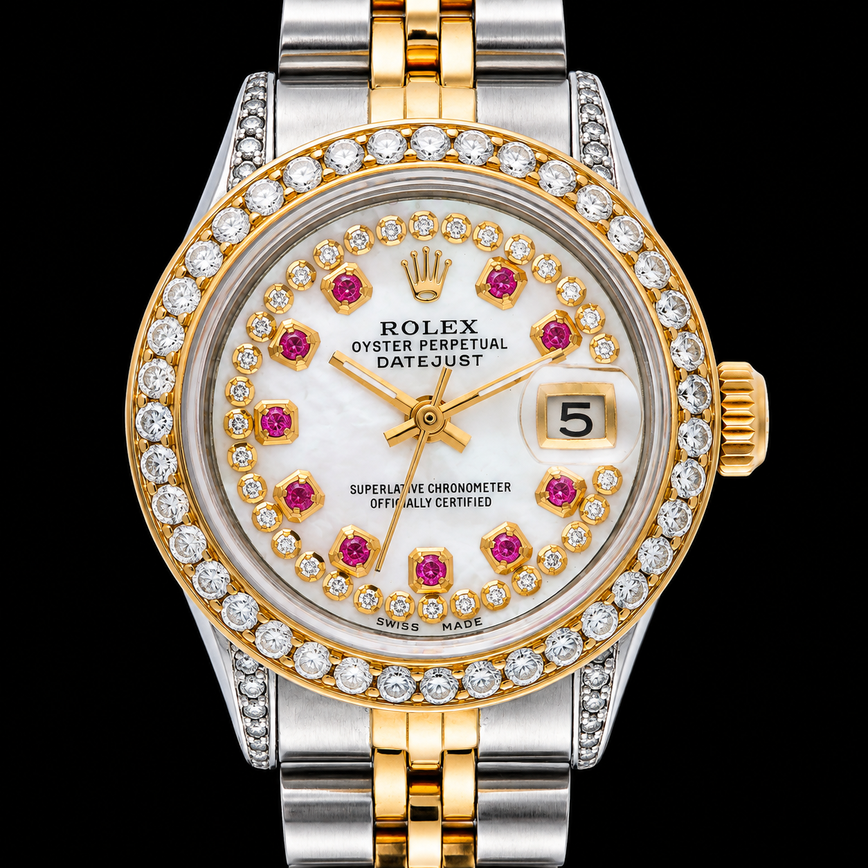 Rolex Datejust 6917 26 mm Weißes Perlmutt-Diamantzifferblatt Bicolor Gold Jubilé-Armband Uhr