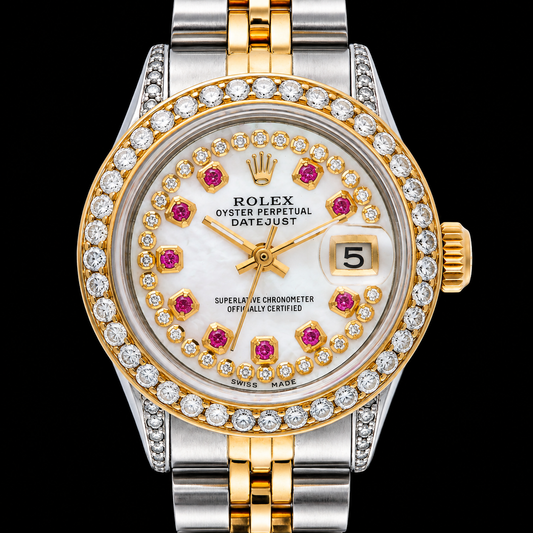 Rolex Datejust 6917 26 mm Weißes Perlmutt-Diamantzifferblatt Bicolor Gold Jubilé-Armband Uhr