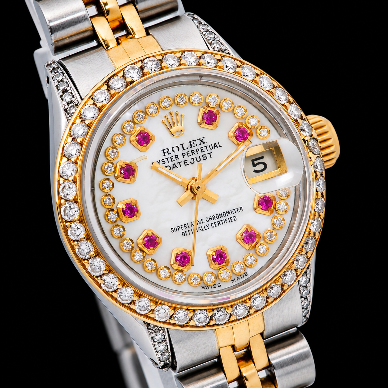 Rolex Datejust 6917 26 mm Weißes Perlmutt-Diamantzifferblatt Bicolor Gold Jubilé-Armband Uhr