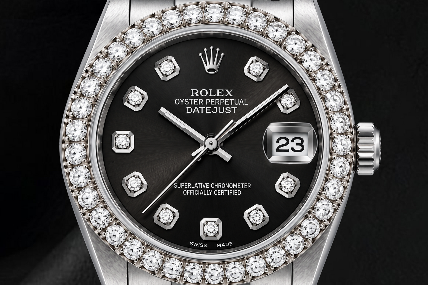 Rolex Datejust 78240 31 mm Uhr aus Edelstahl mit schwarzem Diamantzifferblatt