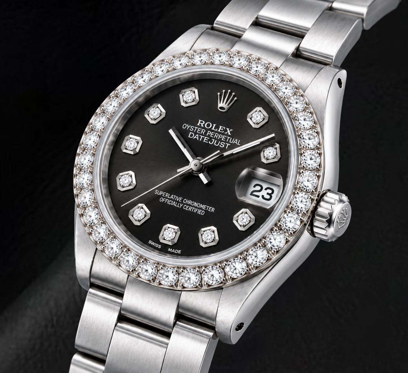 Rolex Datejust 78240 31 mm Uhr aus Edelstahl mit schwarzem Diamantzifferblatt