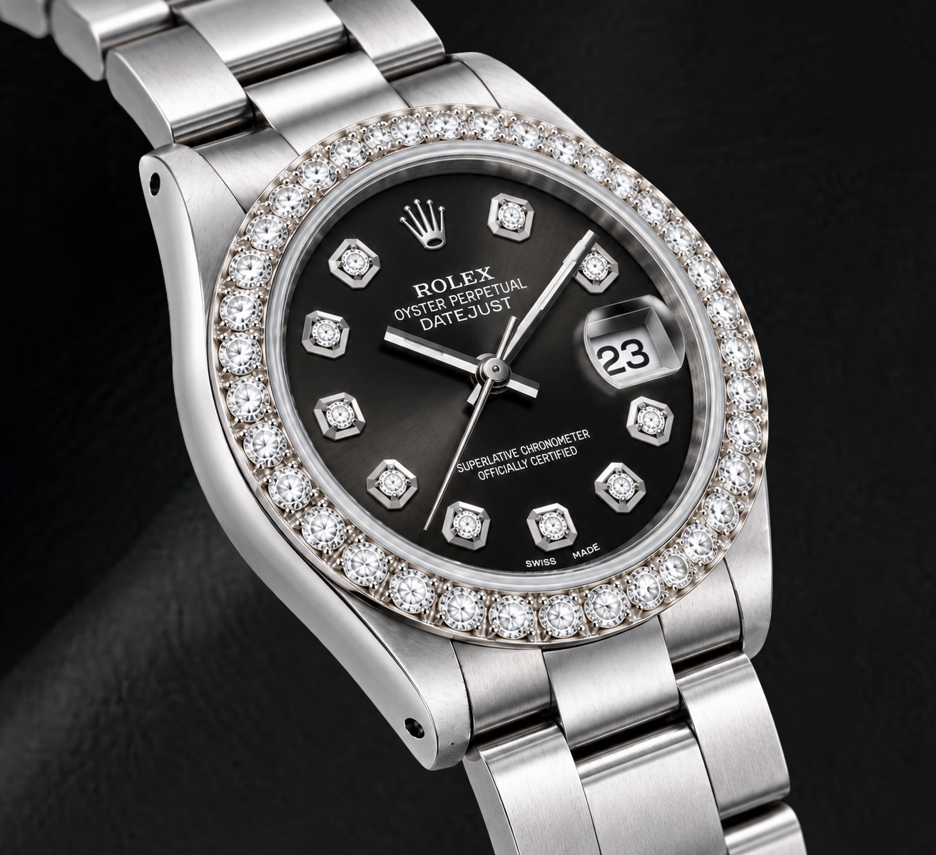 Rolex Datejust 78240 31 mm Uhr aus Edelstahl mit schwarzem Diamantzifferblatt