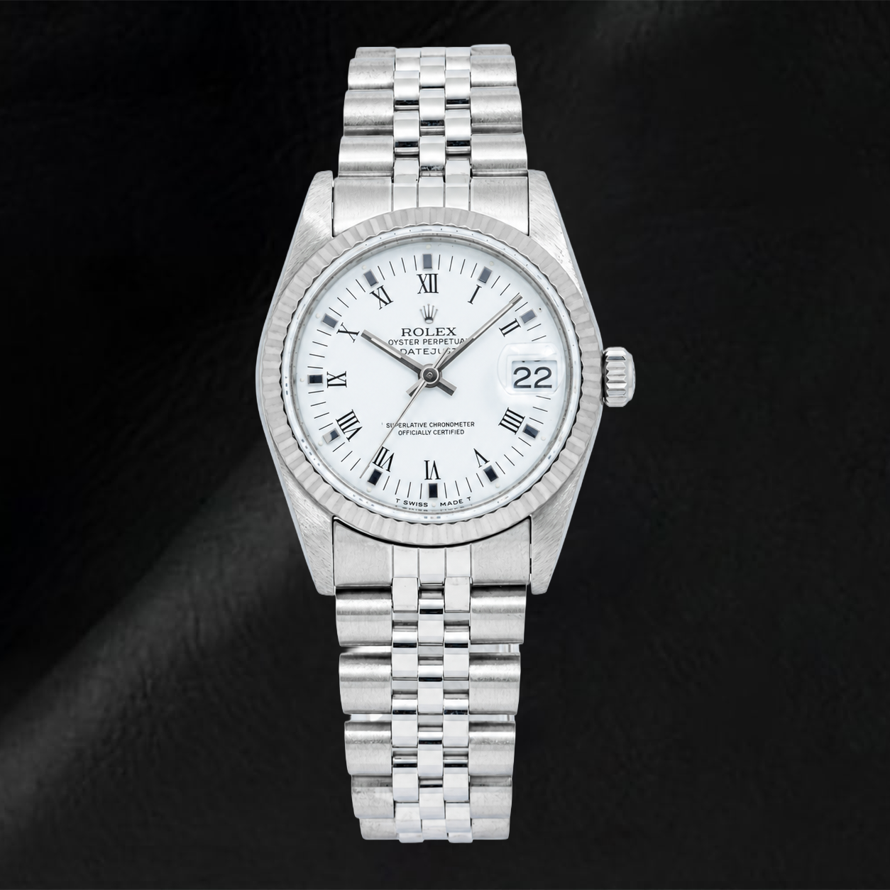 Rolex Datejust 78274 31 mm Uhr, weißes Zifferblatt mit römischen Ziffern, glatte Lünette, Edelstahl, Jubilé-Armband
