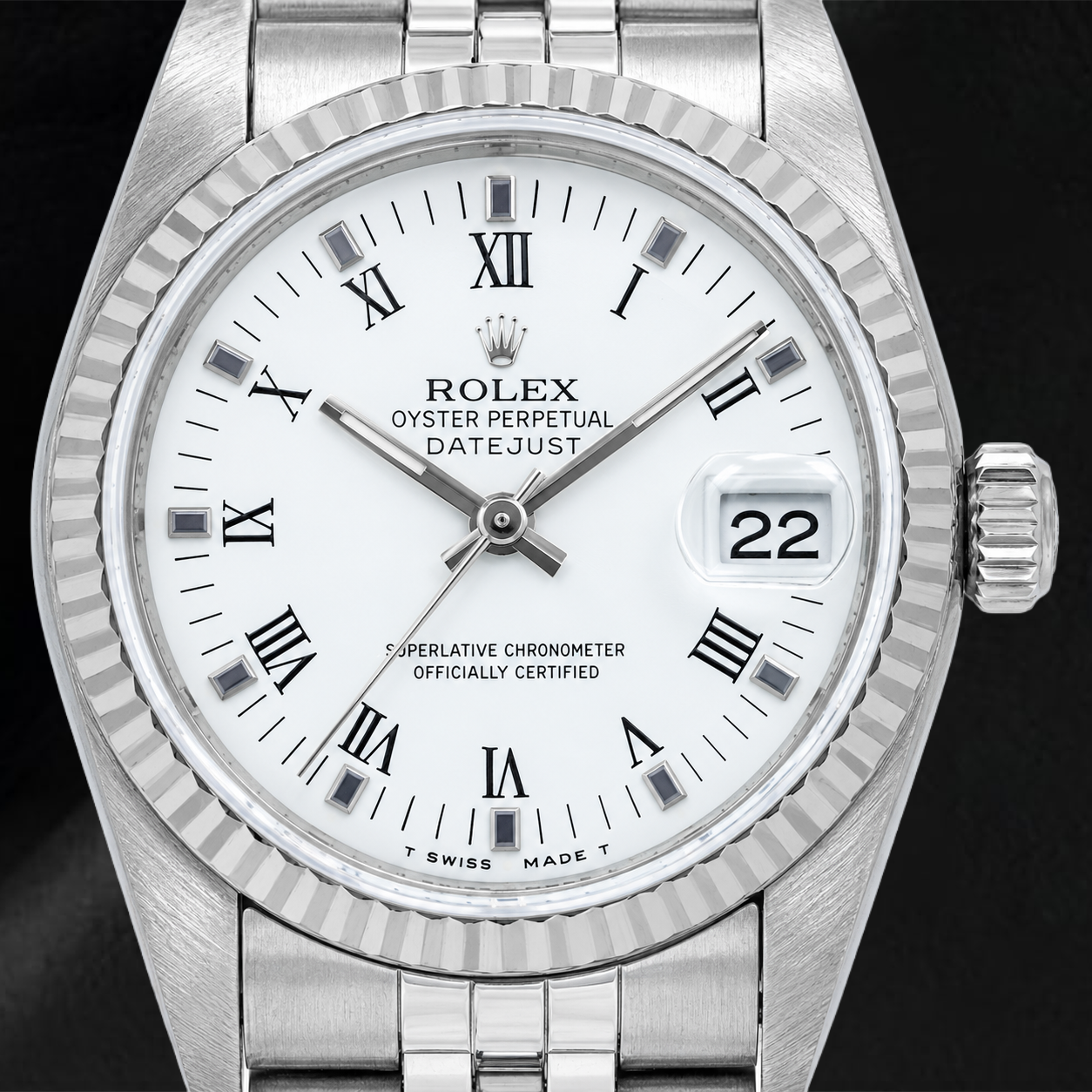 Rolex Datejust 78274 31 mm Uhr, weißes Zifferblatt mit römischen Ziffern, glatte Lünette, Edelstahl, Jubilé-Armband