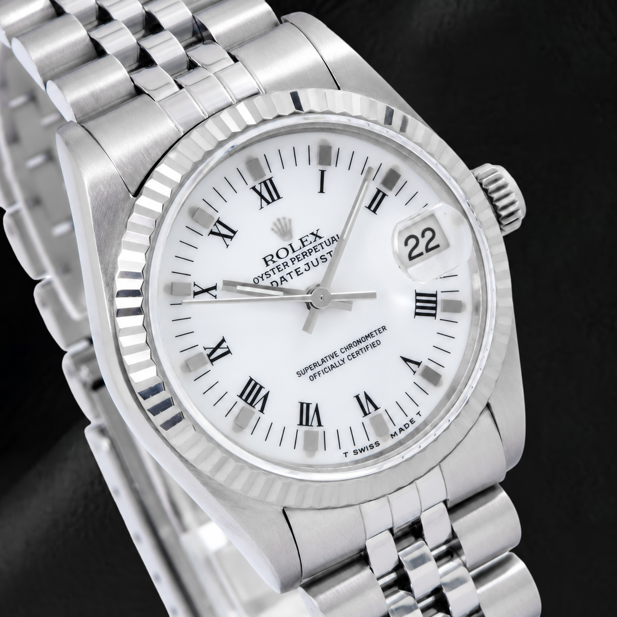 Rolex Datejust 78274 31 mm Uhr, weißes Zifferblatt mit römischen Ziffern, glatte Lünette, Edelstahl, Jubilé-Armband