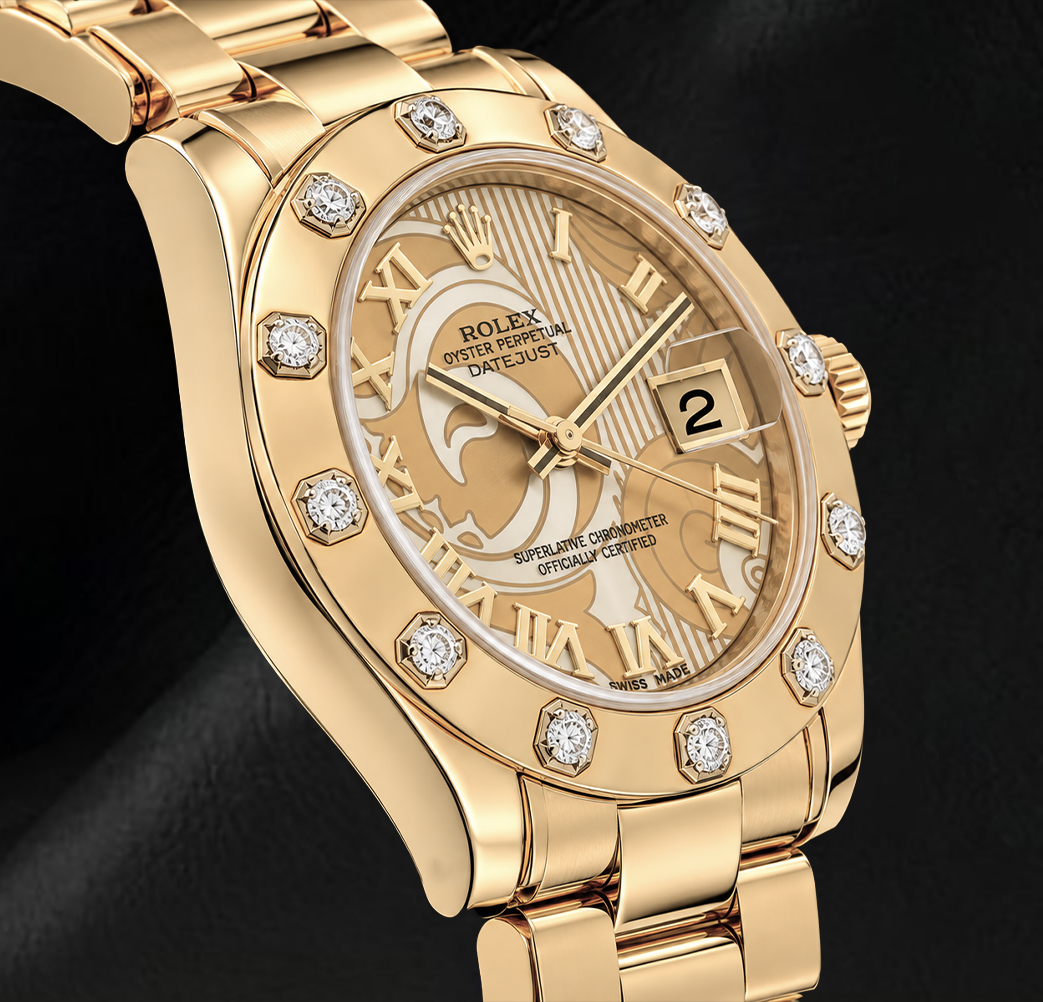 Rolex Datejust 81318 34 mm Uhr aus 18 Karat Gelbgold mit champagnerfarbenem Perlmutt-Zifferblatt und römischen Ziffern