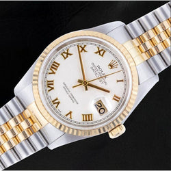 Rolex Datejust Baujahr 2002, weißes römisches Zifferblatt, zweifarbig, 36 mm