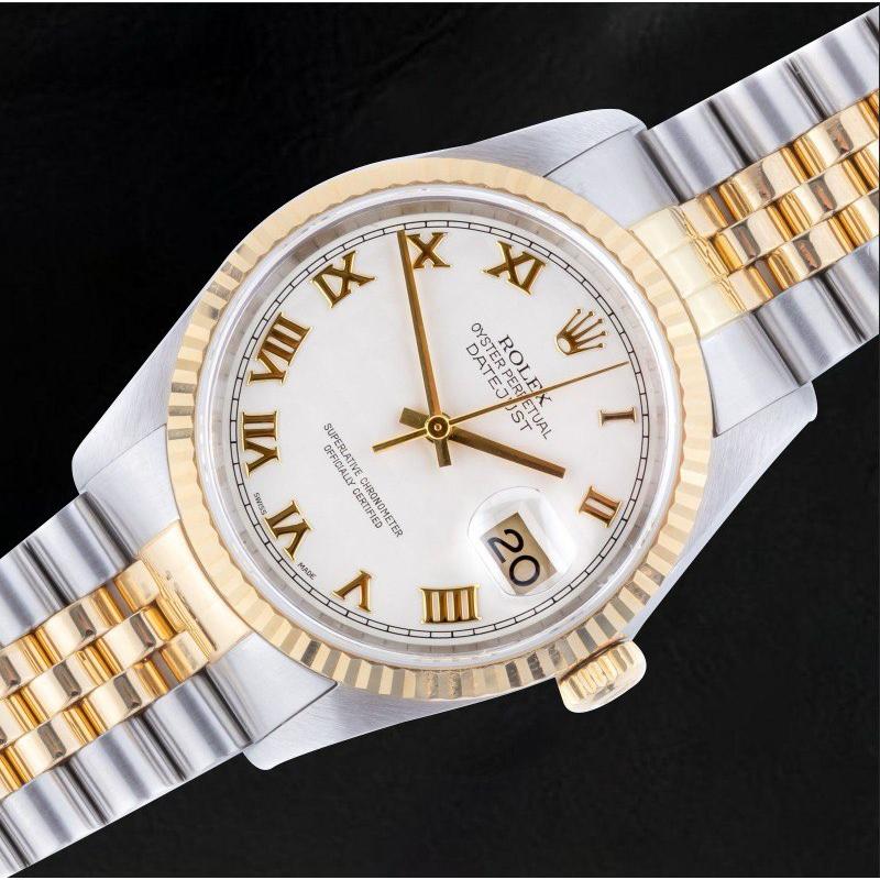 Rolex Datejust Baujahr 2002, weißes römisches Zifferblatt, zweifarbig, 36 mm