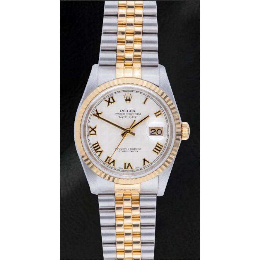 Rolex Datejust Baujahr 2002, weißes römisches Zifferblatt, zweifarbig, 36 mm