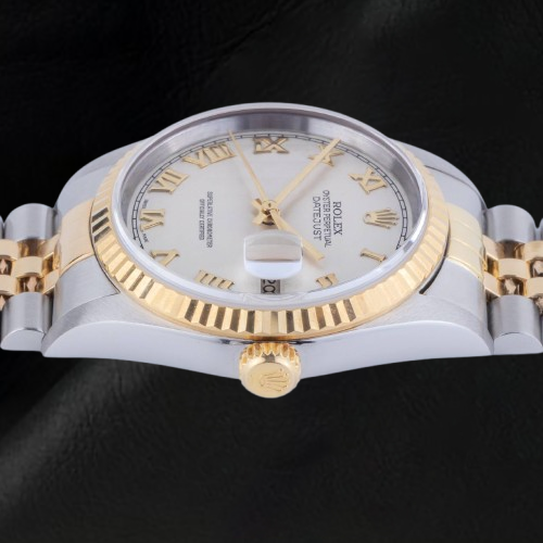 Rolex Datejust Baujahr 2002, weißes römisches Zifferblatt, zweifarbig, 36 mm