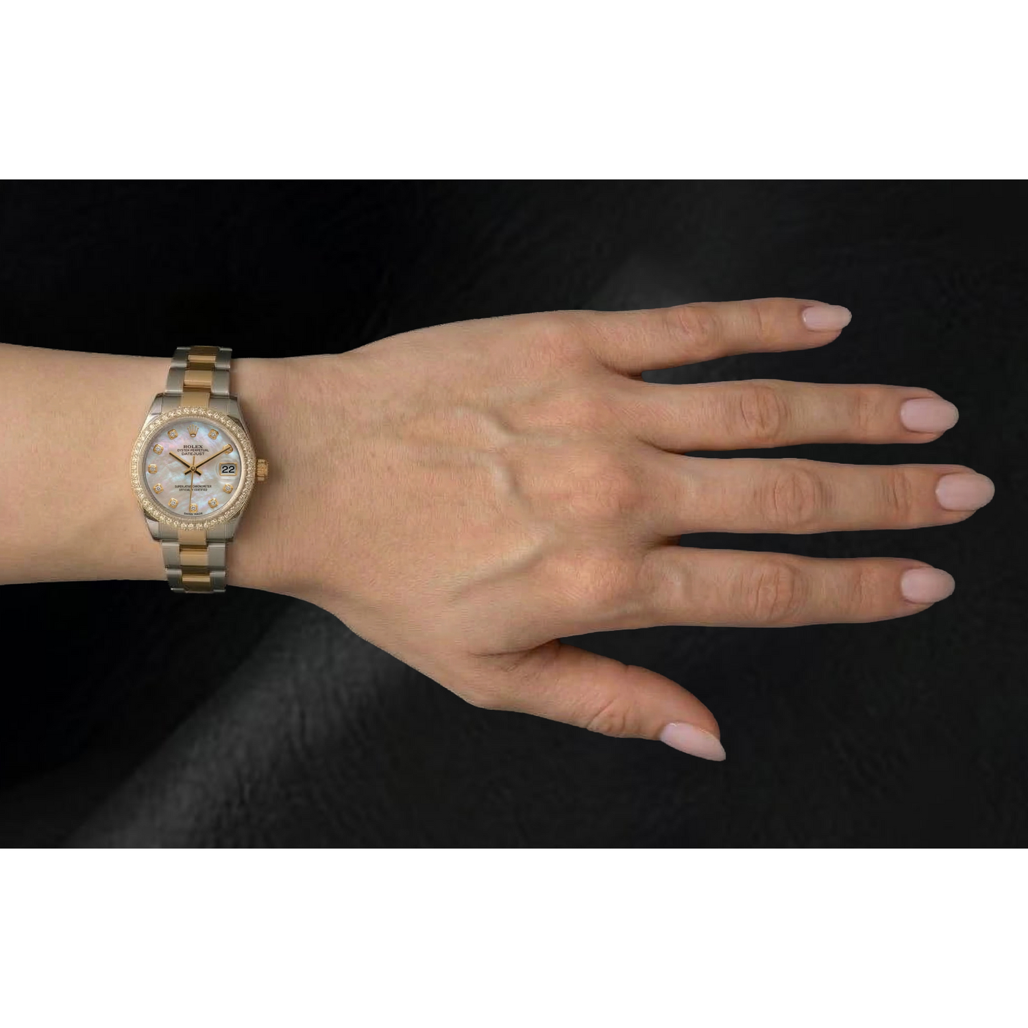 Rolex Datejust, Baujahr 2011, weißes Perlmuttzifferblatt mit Diamanten, Diamantlünette, 31 mm, zweifarbige Uhr