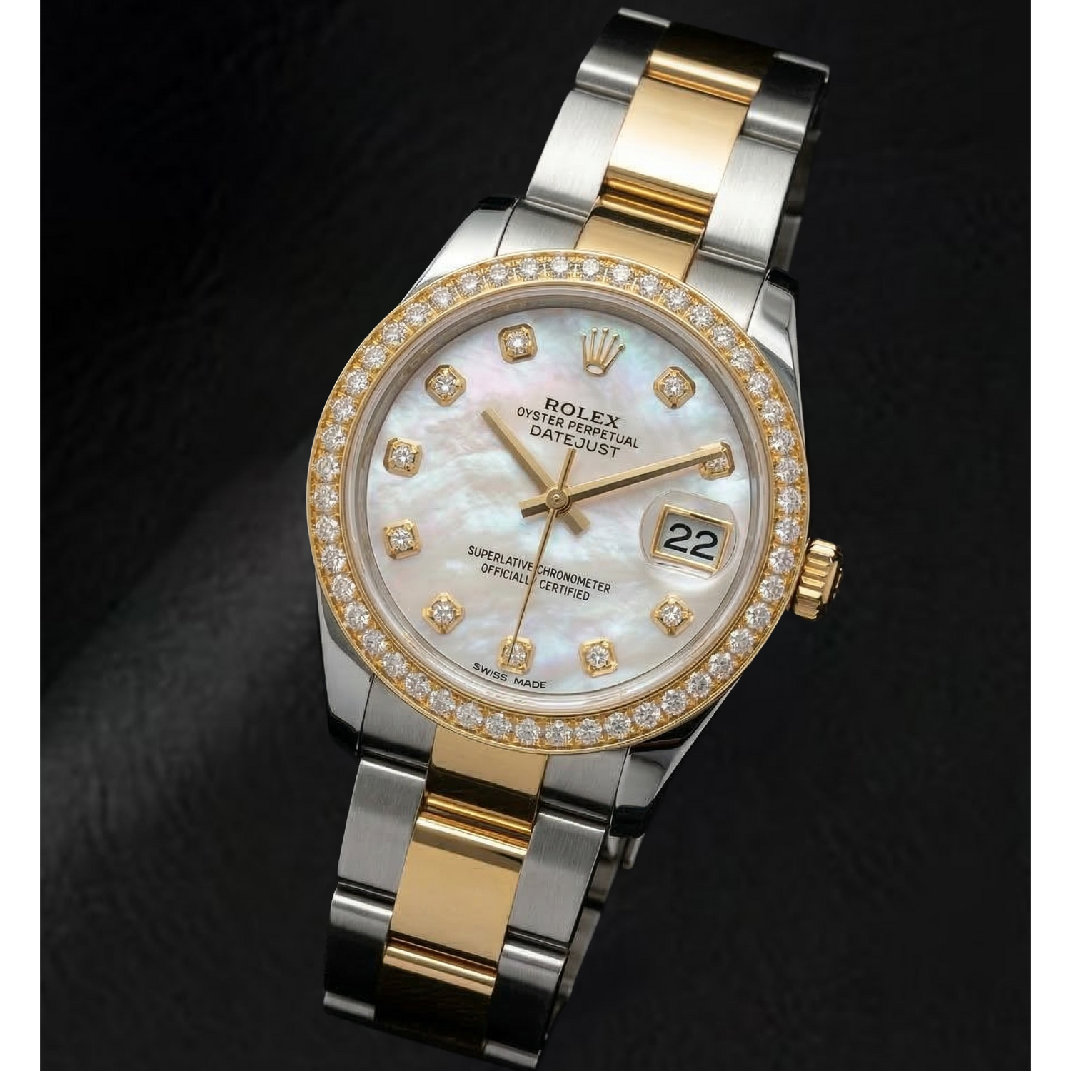 Rolex Datejust, Baujahr 2011, weißes Perlmuttzifferblatt mit Diamanten, Diamantlünette, 31 mm, zweifarbige Uhr
