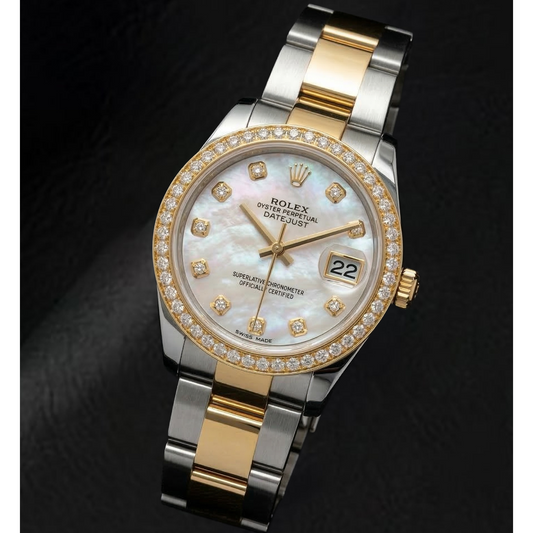 Rolex Datejust, Baujahr 2011, weißes Perlmuttzifferblatt mit Diamanten, Diamantlünette, 31 mm, zweifarbige Uhr