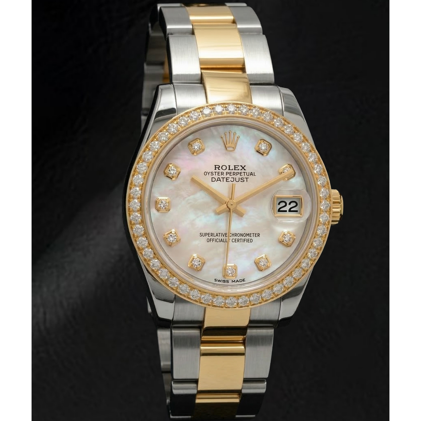Rolex Datejust, Baujahr 2011, weißes Perlmuttzifferblatt mit Diamanten, Diamantlünette, 31 mm, zweifarbige Uhr