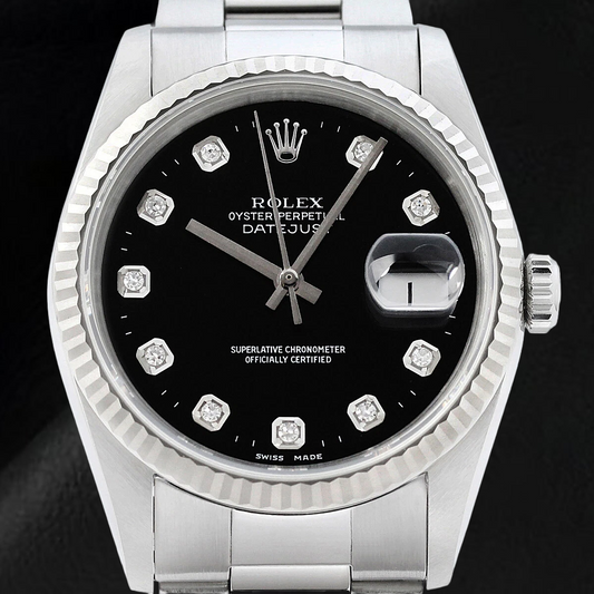 Rolex Datejust Uhr mit schwarzem Diamantzifferblatt und Edelstahl Oyster-Armband