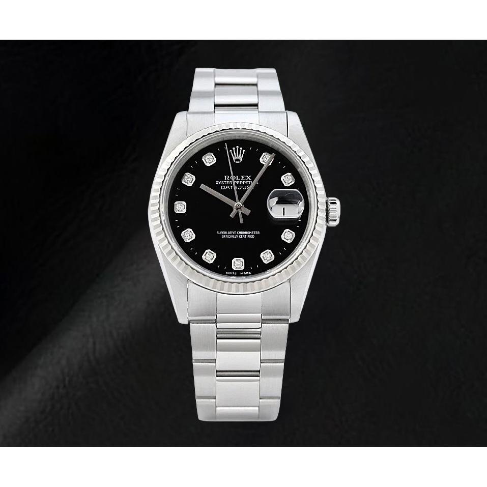 Rolex Datejust Uhr mit schwarzem Diamantzifferblatt und Edelstahl Oyster-Armband