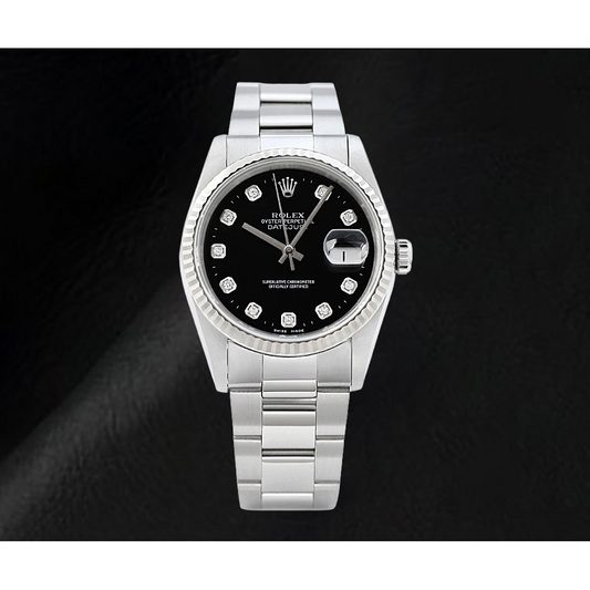 Rolex Datejust Uhr mit schwarzem Diamantzifferblatt und Edelstahl Oyster-Armband