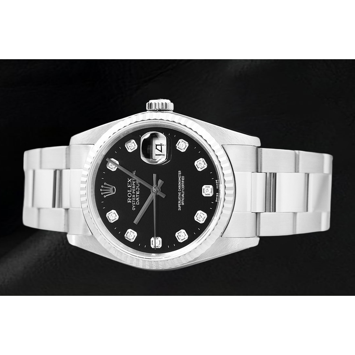 Rolex Datejust Uhr mit schwarzem Diamantzifferblatt und Edelstahl Oyster-Armband