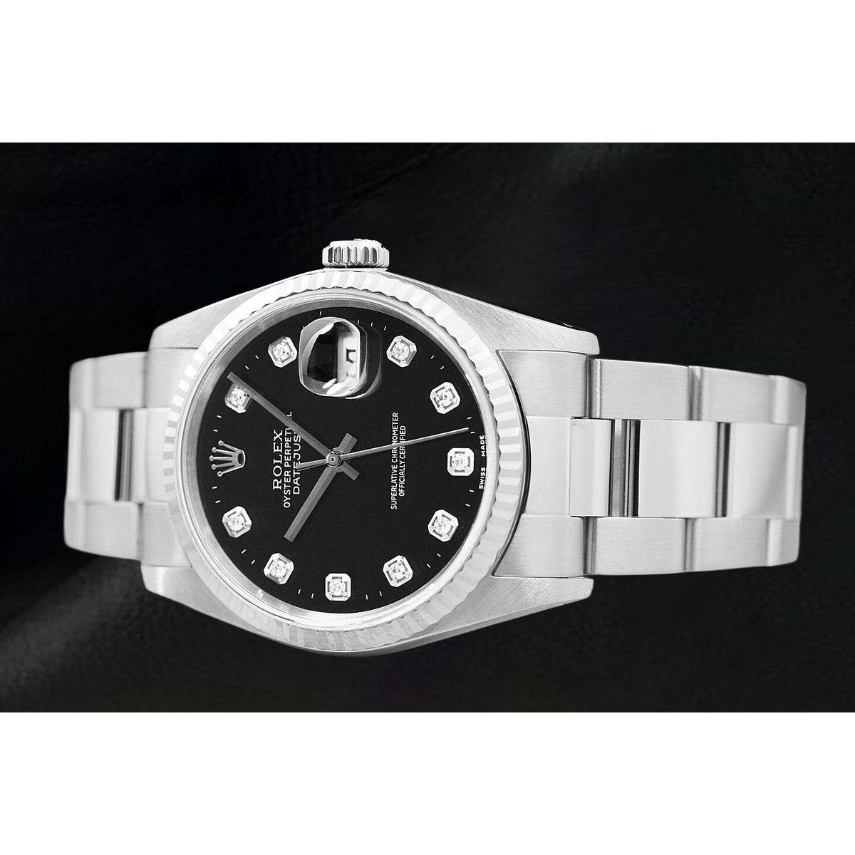 Rolex Datejust Uhr mit schwarzem Diamantzifferblatt und Edelstahl Oyster-Armband