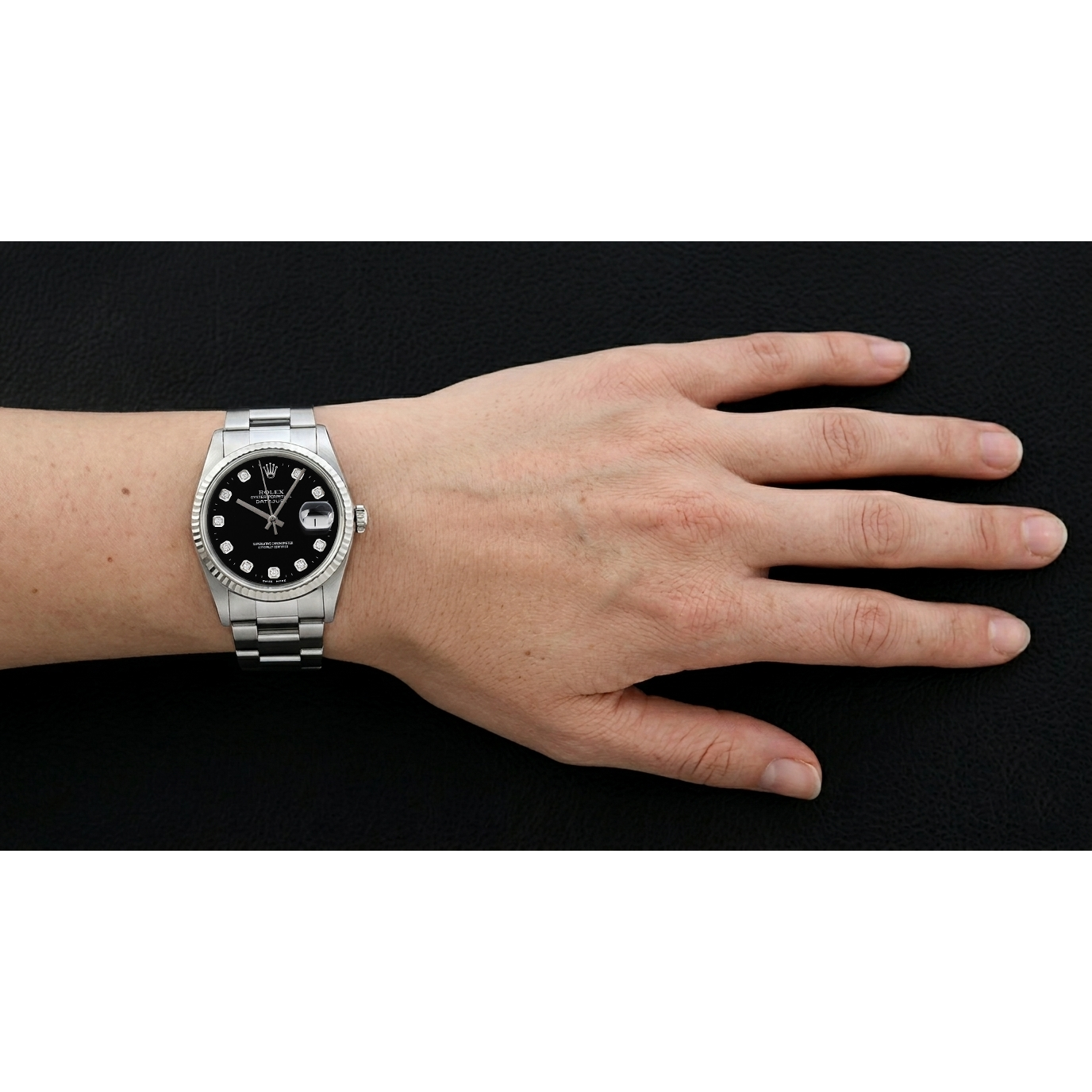 Rolex Datejust Uhr mit schwarzem Diamantzifferblatt und Edelstahl Oyster-Armband