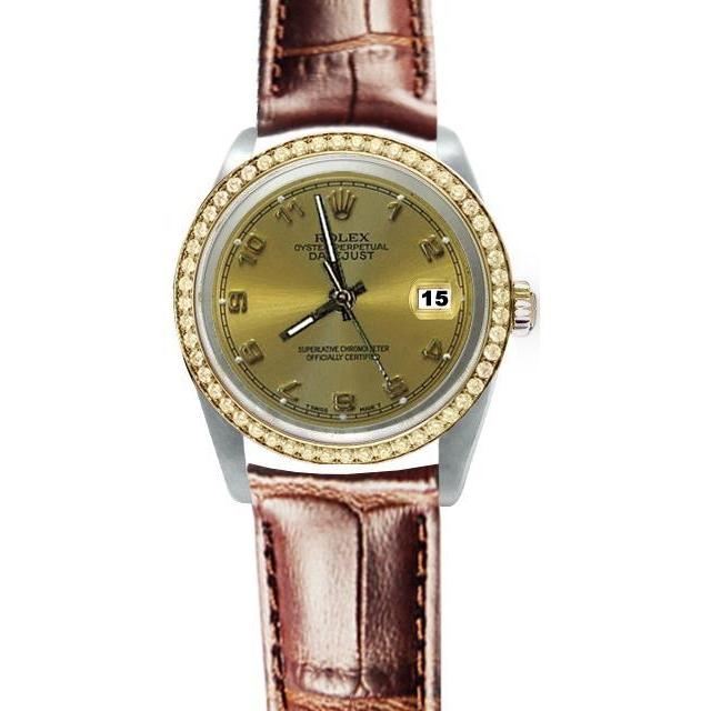 Rolex Datejust Champagner Arabische Uhr Lederarmband Edelstahl & Gold SCHNELLSET
