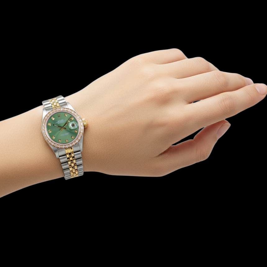 Rolex Datejust Damenuhr, 26 mm, olivgrünes Diamantzifferblatt, zweifarbig P4