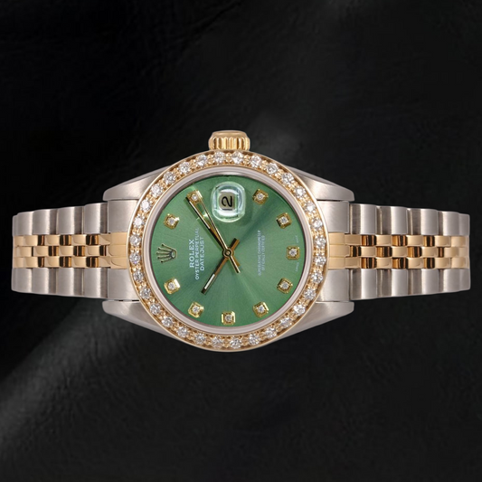 Rolex Datejust Damenuhr, 26 mm, olivgrünes Diamantzifferblatt, zweifarbig