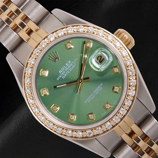 Rolex Datejust Damenuhr, 26 mm, olivgrünes Diamantzifferblatt, zweifarbig