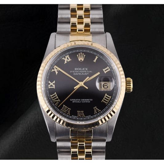 Rolex Datejust Damenuhr, 31 mm, zweifarbig, schwarz, römische Ziffern