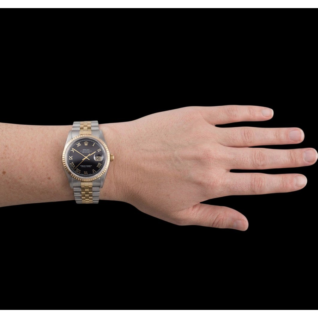Rolex Datejust Damenuhr, 31 mm, zweifarbig, schwarz, römische Ziffern