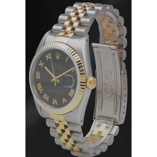 Rolex Datejust Damenuhr, 31 mm, zweifarbig, schwarz, römische Ziffern