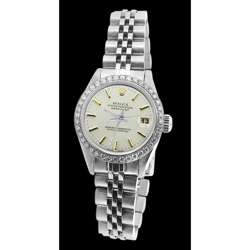 Rolex Datejust Damenuhr, Edelstahl, Diamantlünette, Weiß
