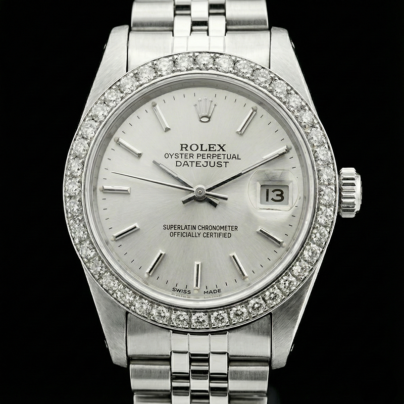 Rolex Datejust Damenuhr, Edelstahl, Diamantlünette, Weiß