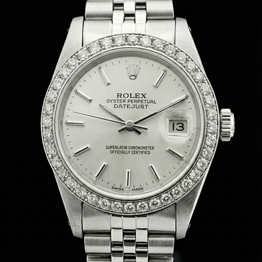 Rolex Datejust Damenuhr, Edelstahl, Diamantlünette, Weiß