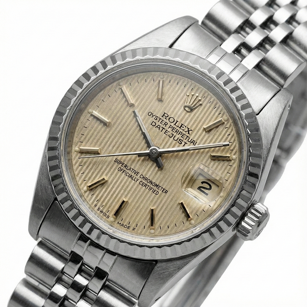 Rolex Datejust Damenuhr Edelstahl Jubilee Stick Dial geriffelte Lünette
