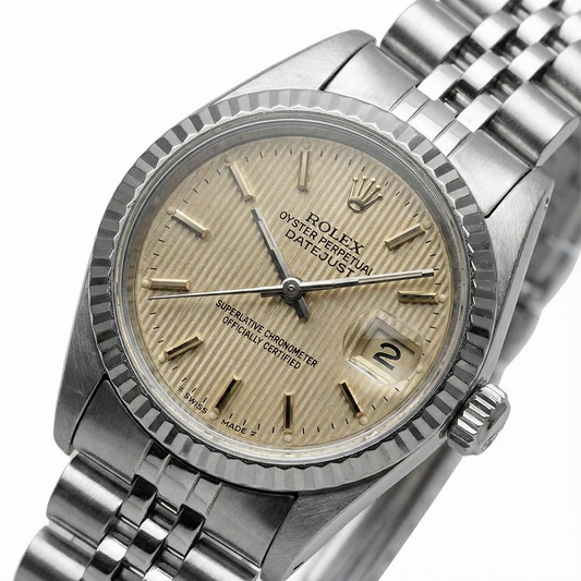 Rolex Datejust Damenuhr Edelstahl Jubilee Stick Dial geriffelte Lünette